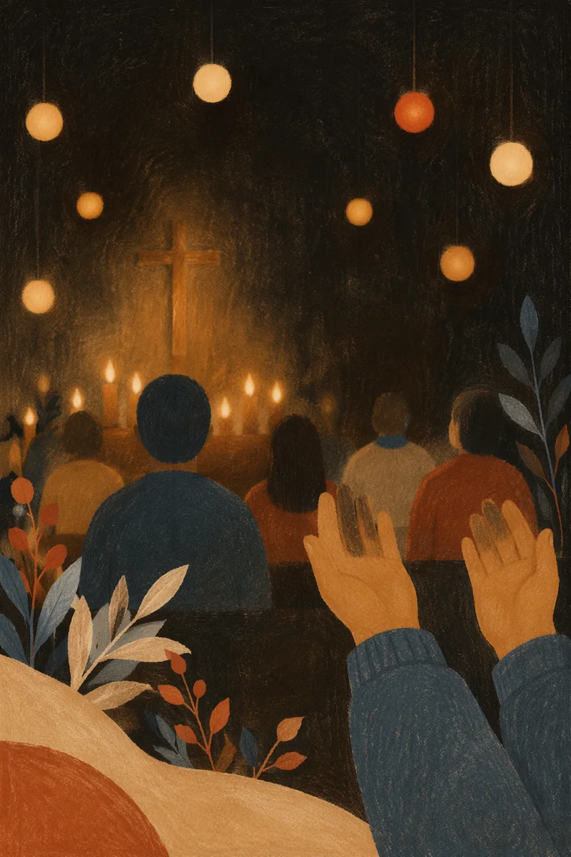 Raised Hands in Dim Church Sanctuary