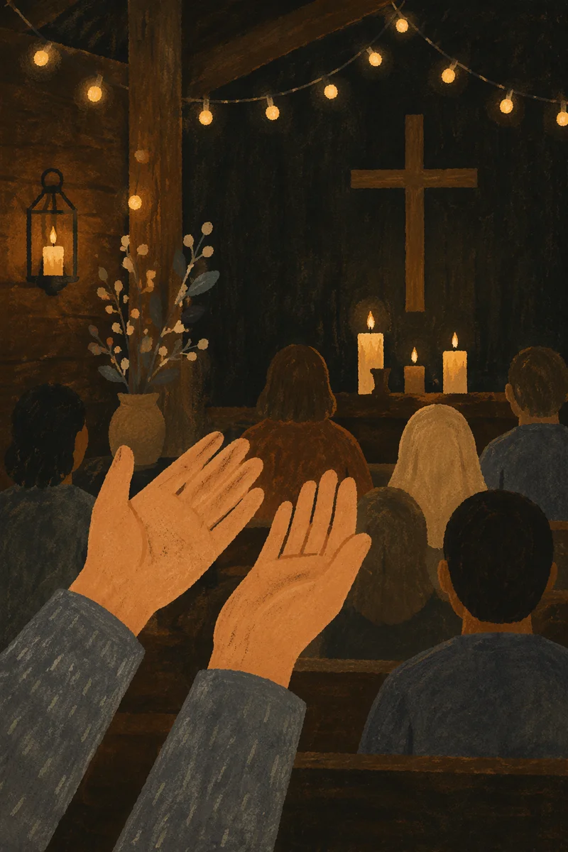 Open Hands in Dim Chapel Light