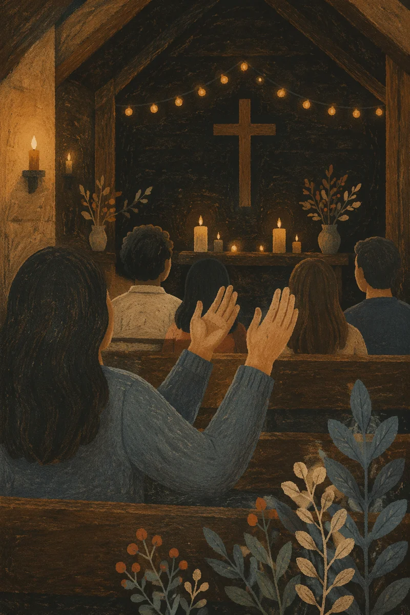 Raised Hands in Dim Chapel Light
