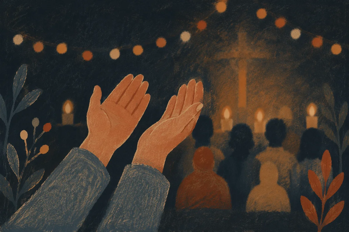 Raised Hands in Dim Chapel Light