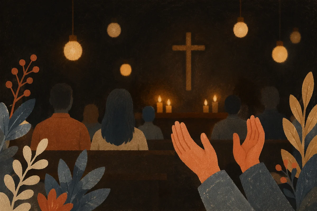 Raised Hands in Dim Church Sanctuary