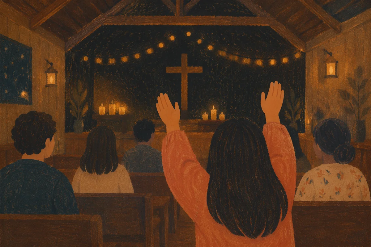 Raised Hands in Candlelit Chapel