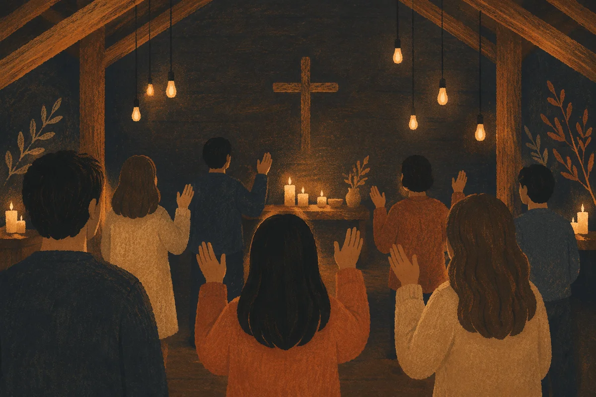 Evening Worship Gathering in Wooden Chapel