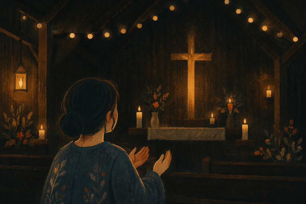Silhouetted Figure in Chapel with Glowing Cross