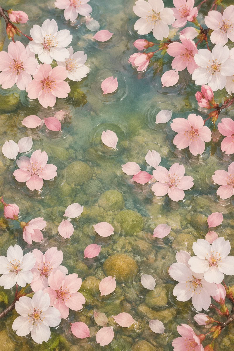 Soft Pink Cherry Blossoms on Spring Water