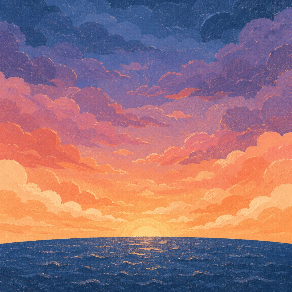 Orange Purple Sunset Sky Over Calm Sea