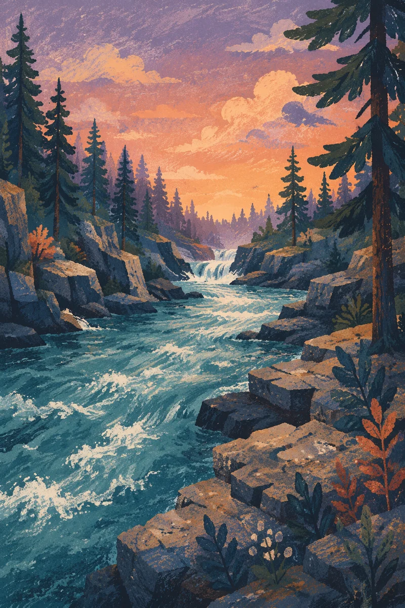 Sunset River Gorge with Purple Clouds
