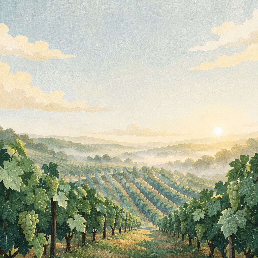 Green Vineyard Rows at Misty Sunrise