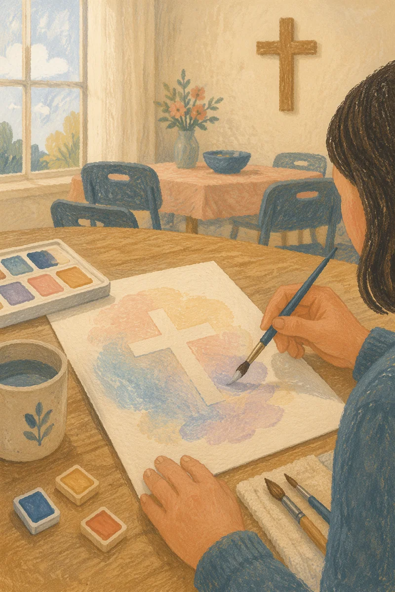 Soft Watercolor Cross at Fellowship Art Table