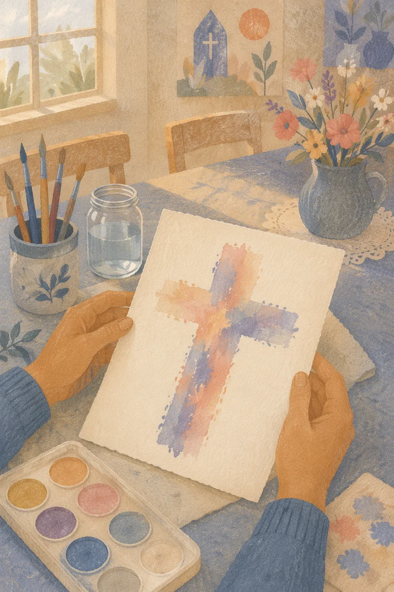 Soft Watercolor Cross on Church Art Table