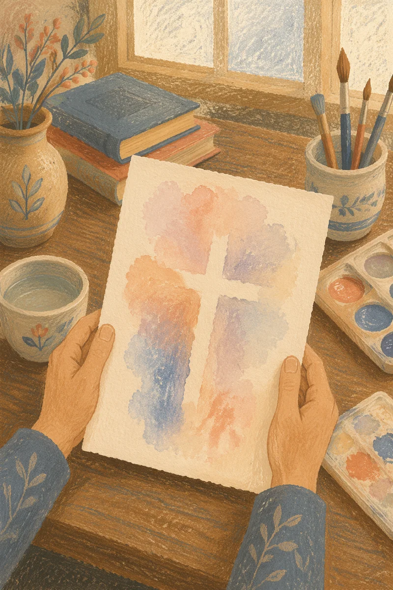 Watercolor Cross in Peaceful Church Art Room