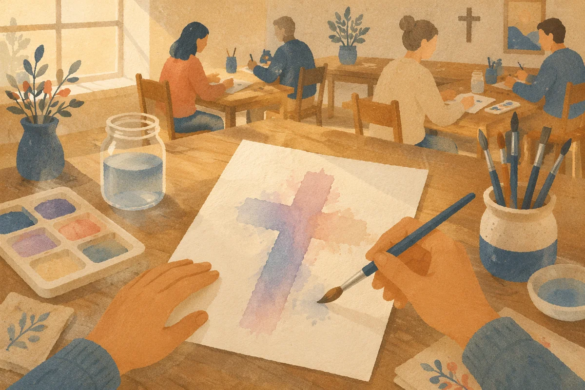 Soft Watercolor Cross Painting at Church Table