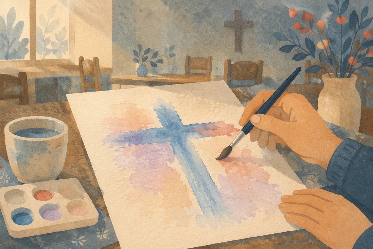 Soft Watercolor Cross on Church Art Table
