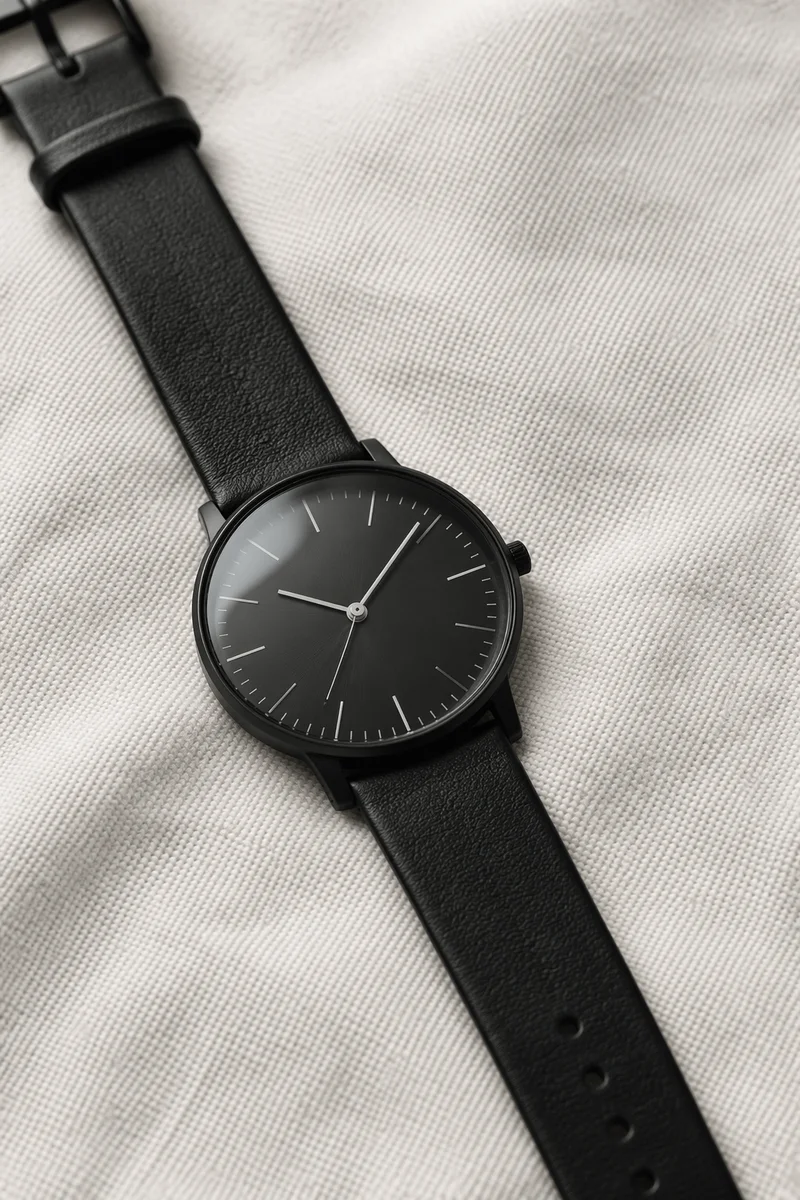 Minimal Black Wristwatch on White Background