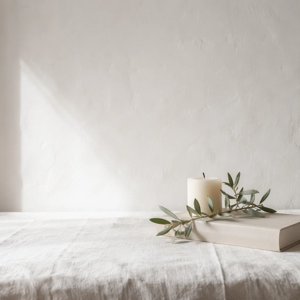 Minimal White Tabletop with Candle and Book