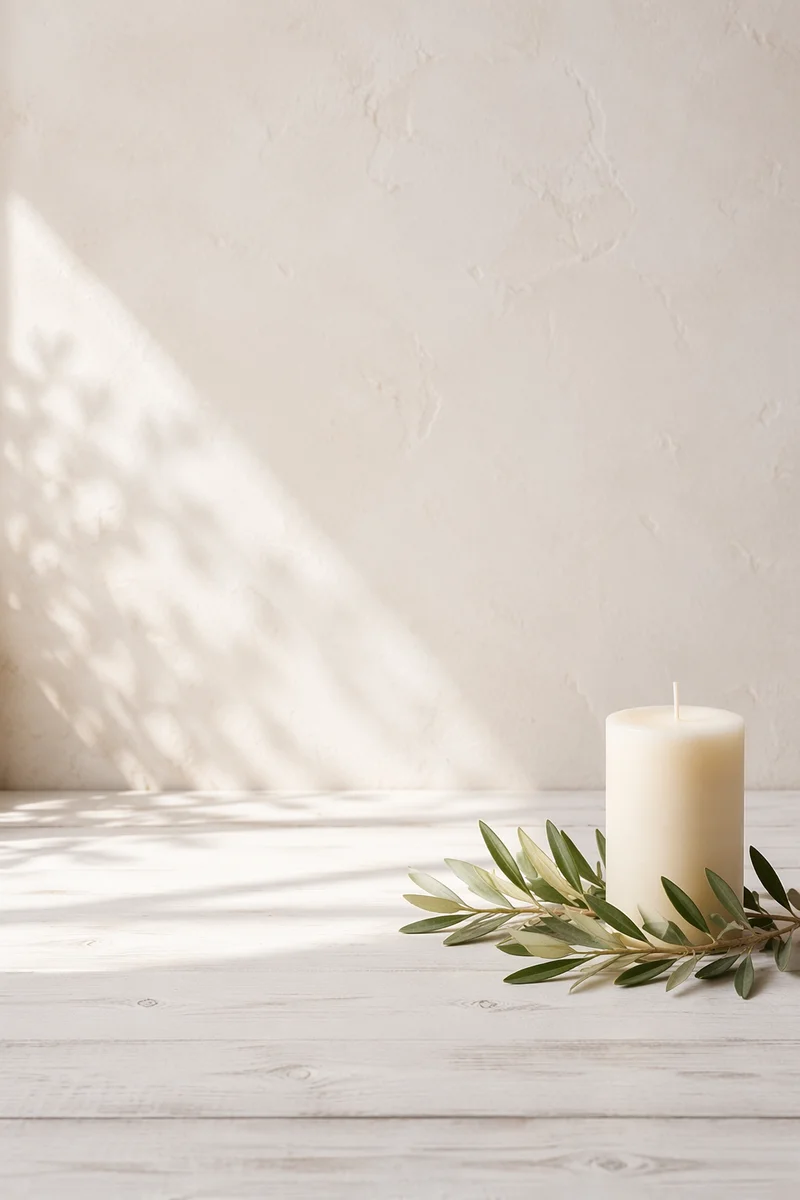 Minimal White Candle and Olive Branch Background