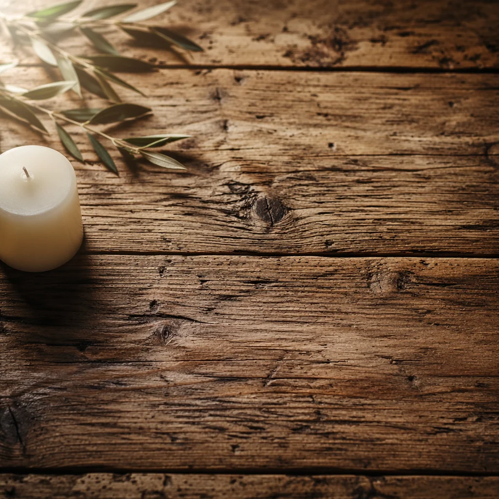 Rustic Wood Planks with Candle and Olive Branch