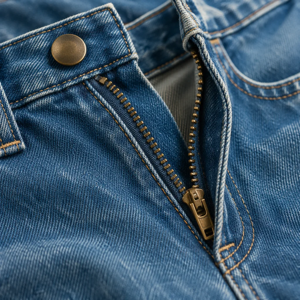 Macro Blue Denim Fabric with Brass Zipper