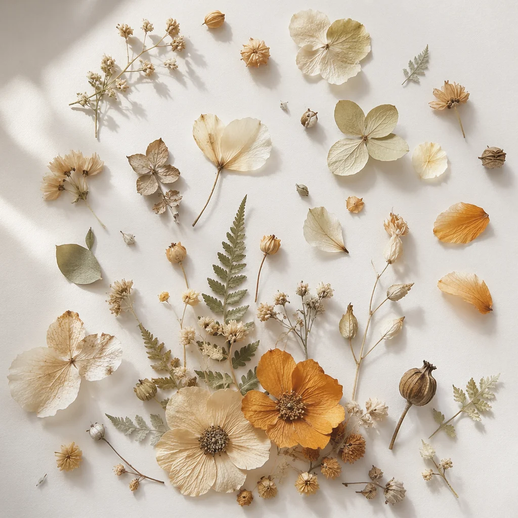 Dried Botanical Petals on White Background