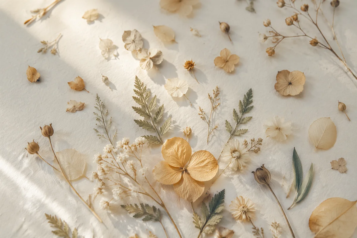 Dried Petals on White Botanical Background