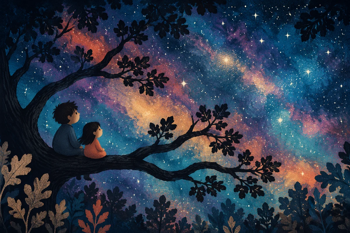 Purple Nebula Through Night Forest Canopy