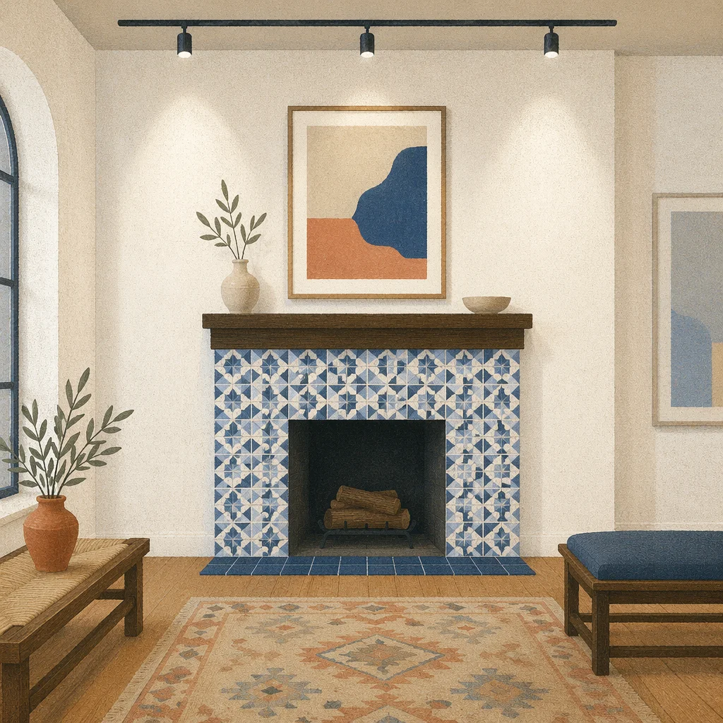 Minimal Blue Geometric Tile Fireplace Interior