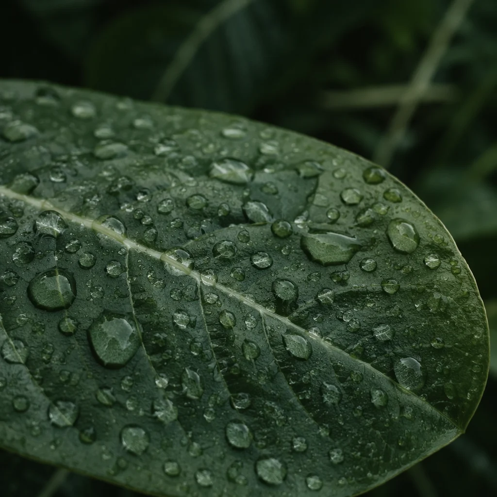 Rain Droplets on Green Leaf Veins