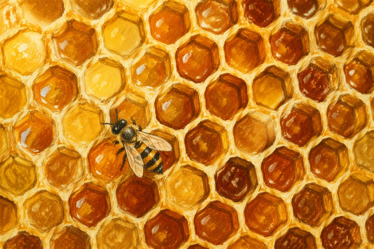 Golden Honeycomb Macro Texture with Honeybee