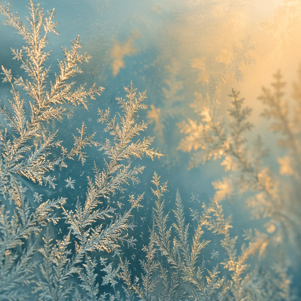 Golden Morning Frost Crystals on Winter Glass