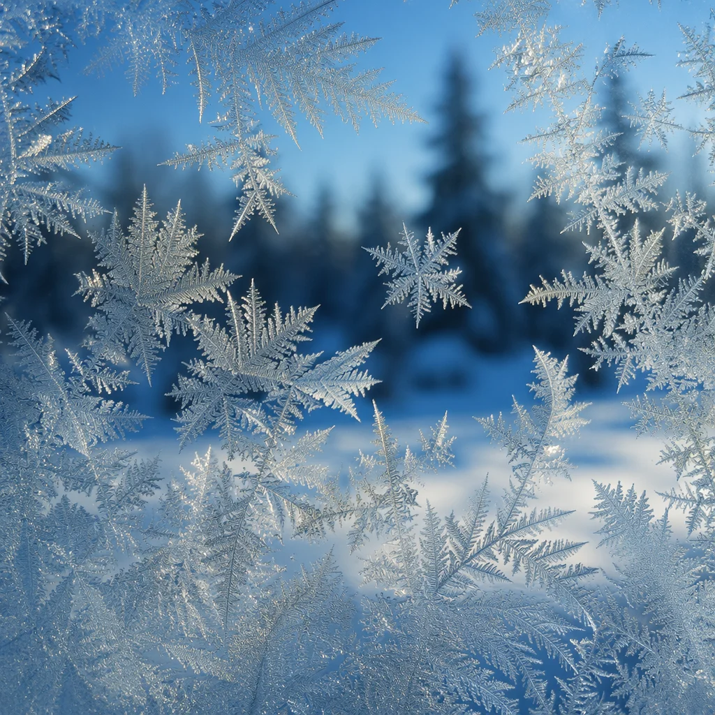 Winter Frost Crystals on Cold Glass