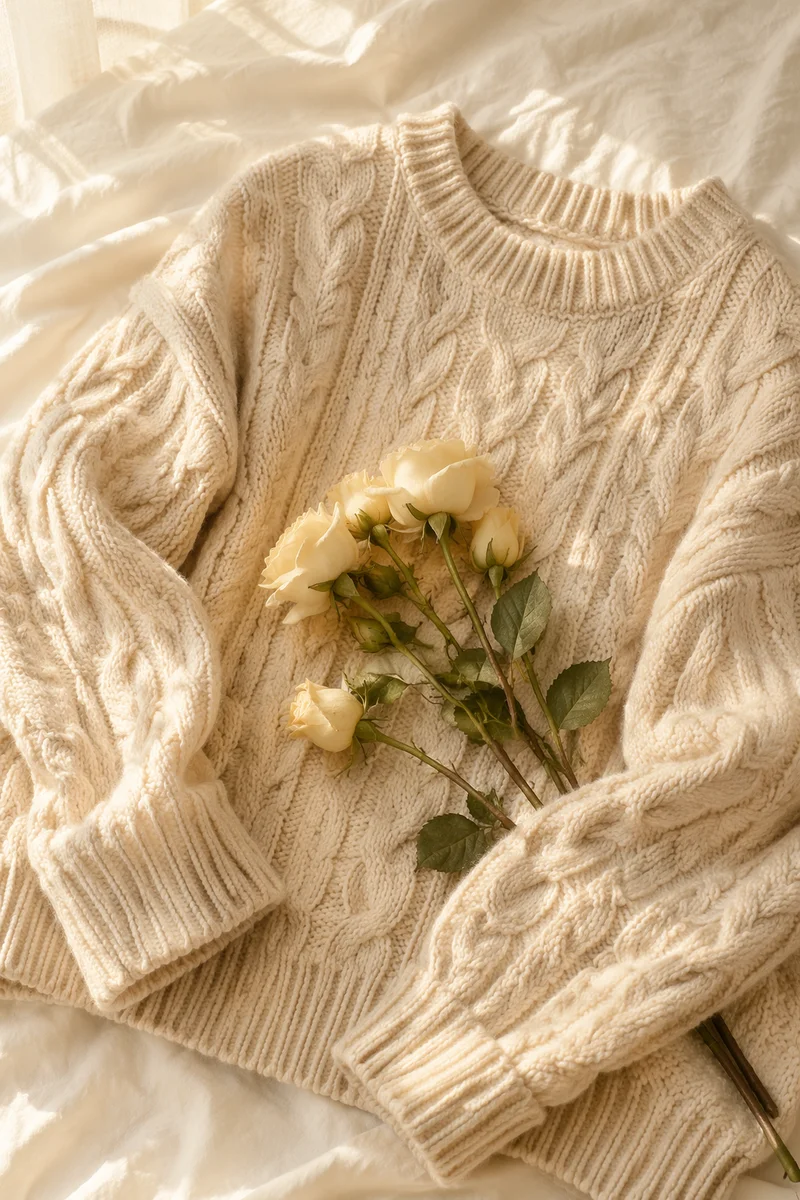 Cozy Cable Knit Sweater With Pale Roses