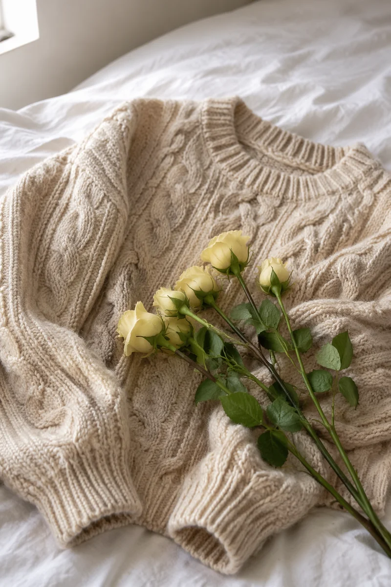 Cozy Beige Cable Knit Sweater With Roses