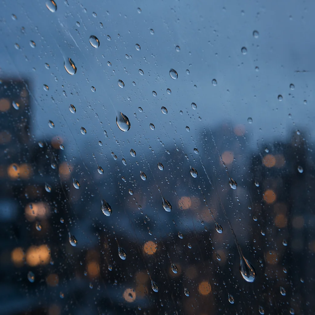 Moody Raindrops on Window at Blue Hour