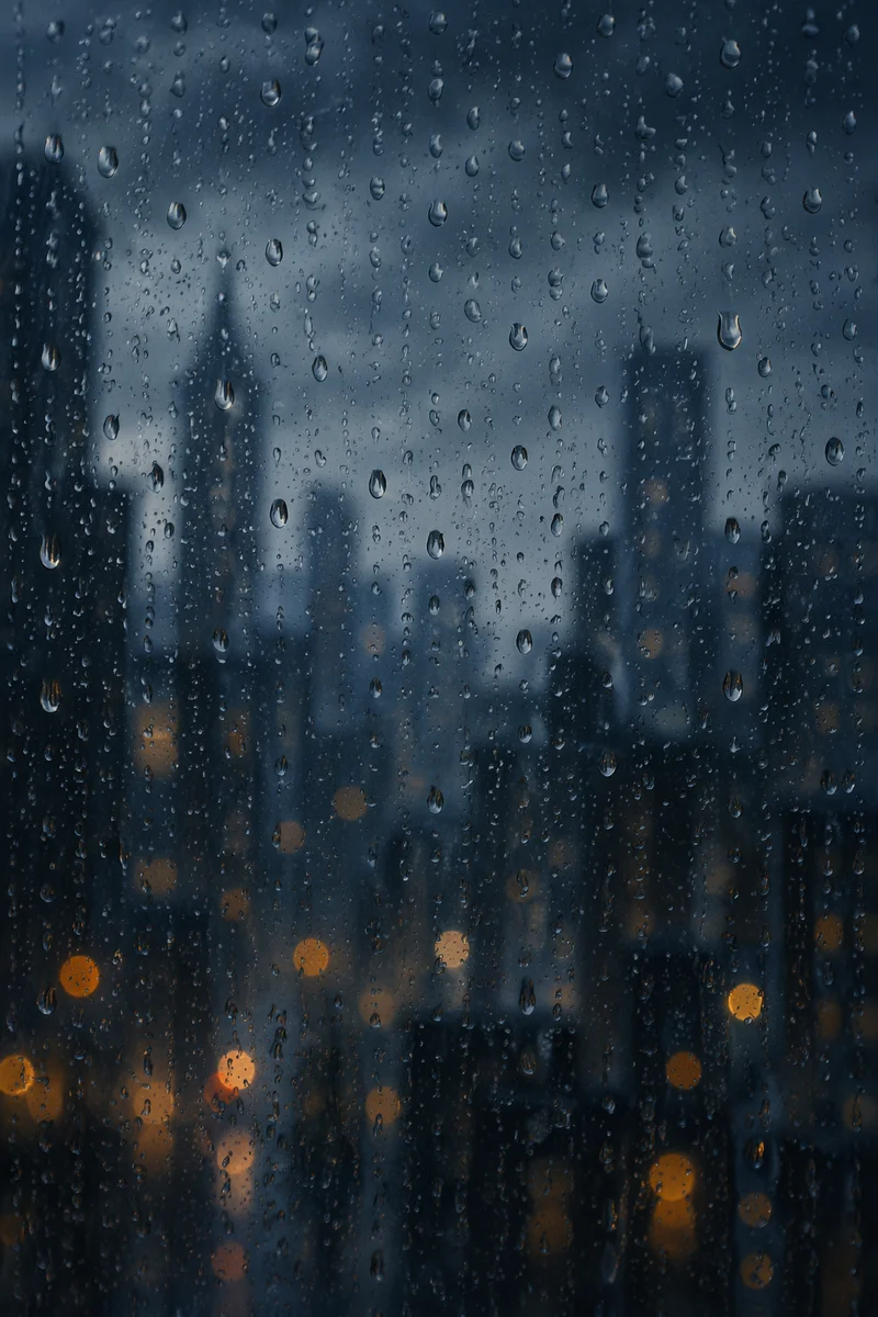 Moody Raindrops on Twilight Window