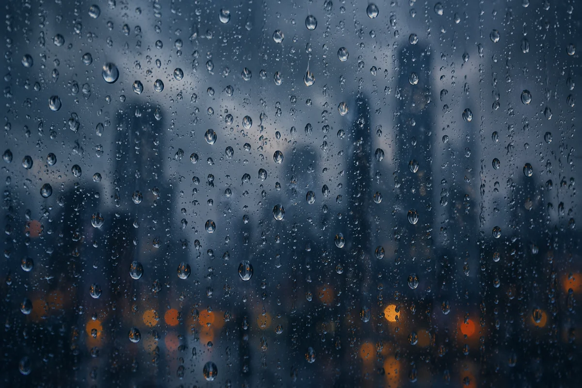 Moody Raindrops on Twilight Window