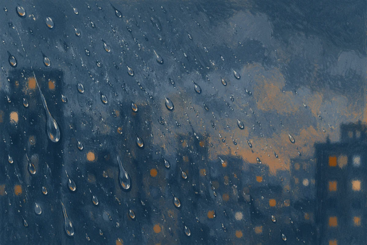 Moody Raindrops on Window at Blue Hour