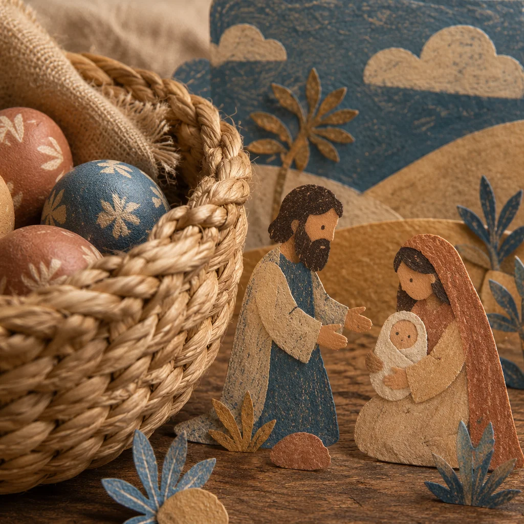 Rustic Woven Basket Texture with Easter Eggs