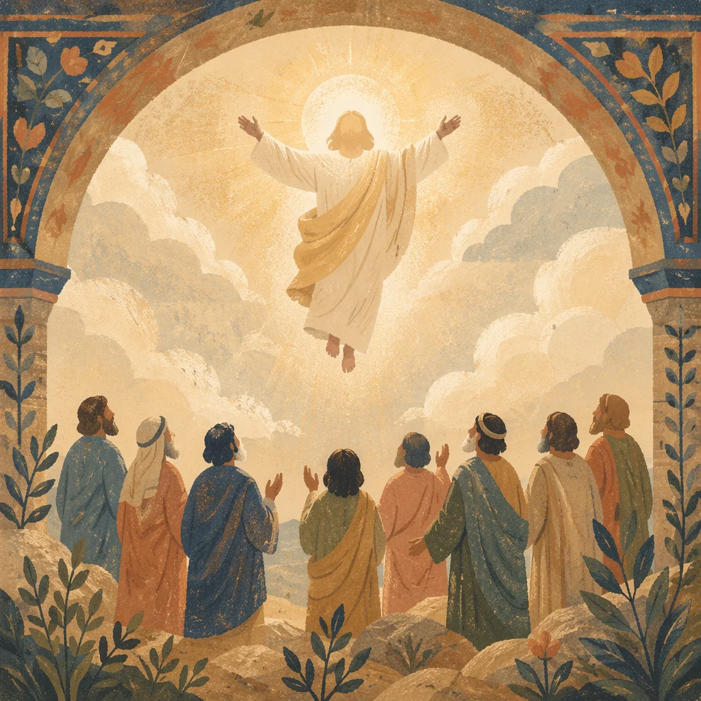 Jesus Ascending Above Clouds Before Disciples