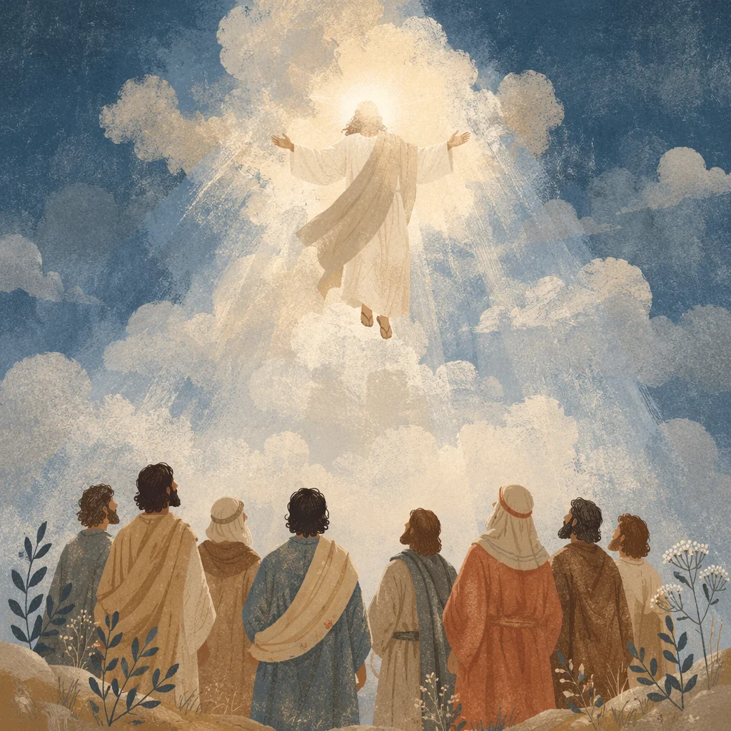 Jesus Ascending Above Clouds Before Disciples