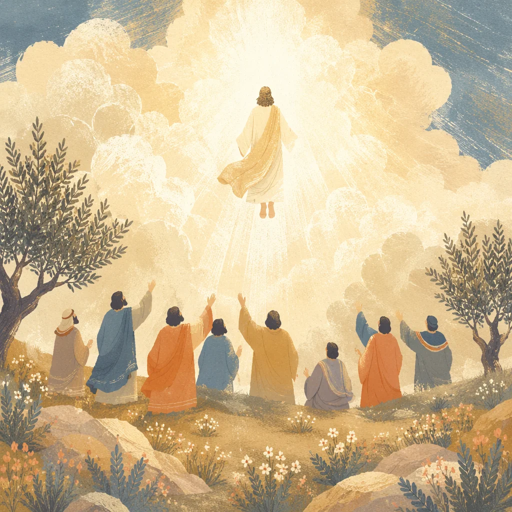 Jesus Ascending Above Awe Struck Disciples