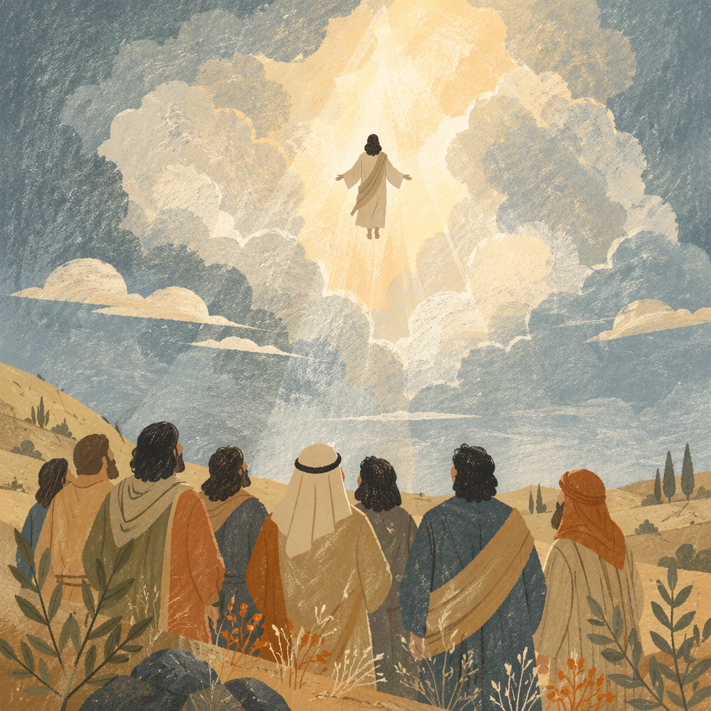 Jesus Ascending Above Disciples at Dawn