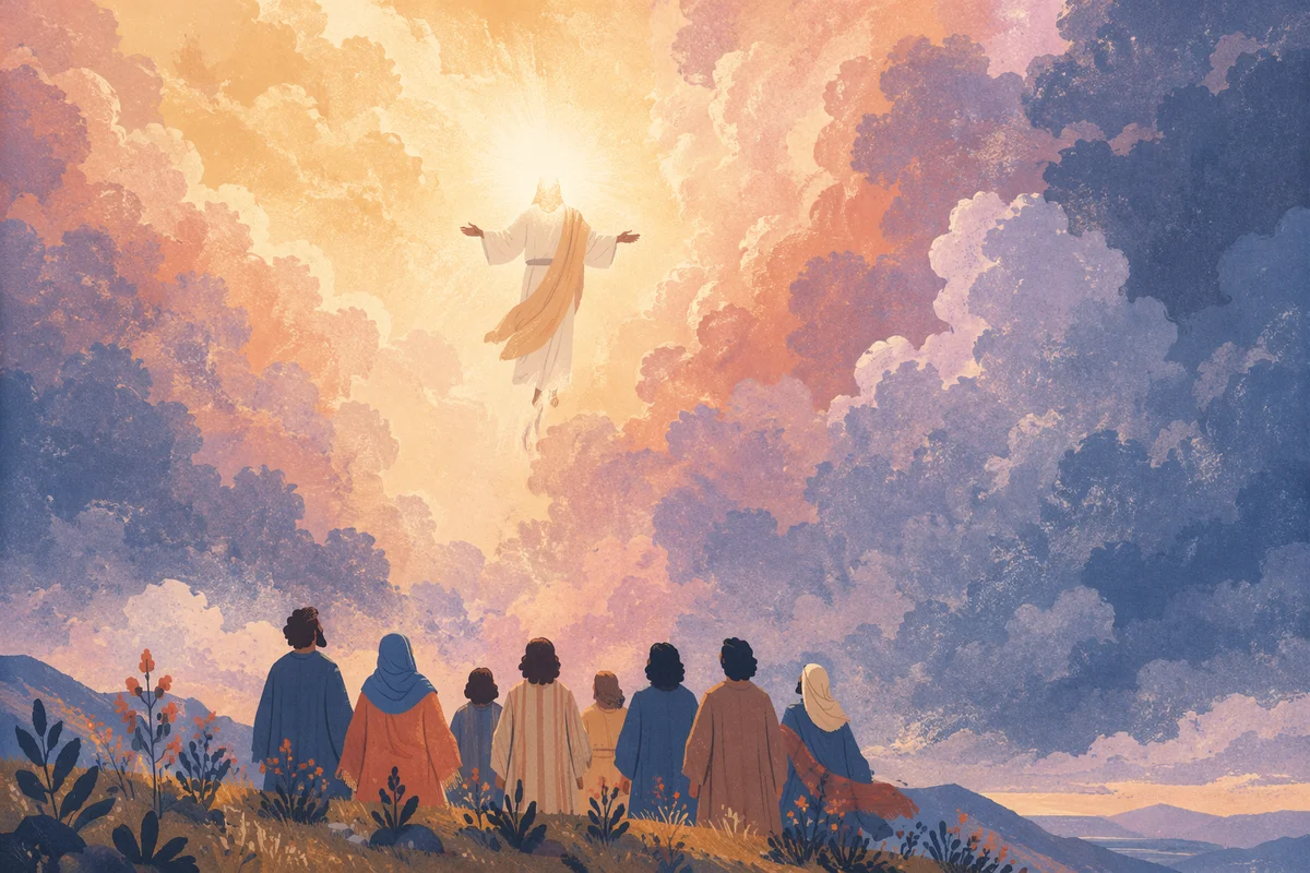 Jesus Ascending Above Disciples in Radiant Clouds