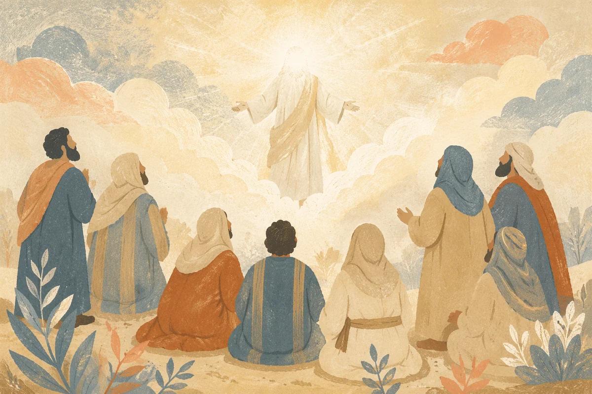 Jesus Ascending Above Clouds Before Disciples