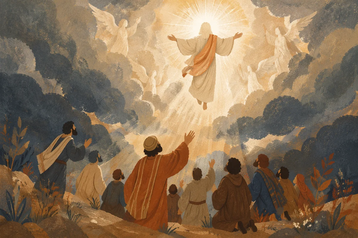 Jesus Ascension Above Clouds and Disciples
