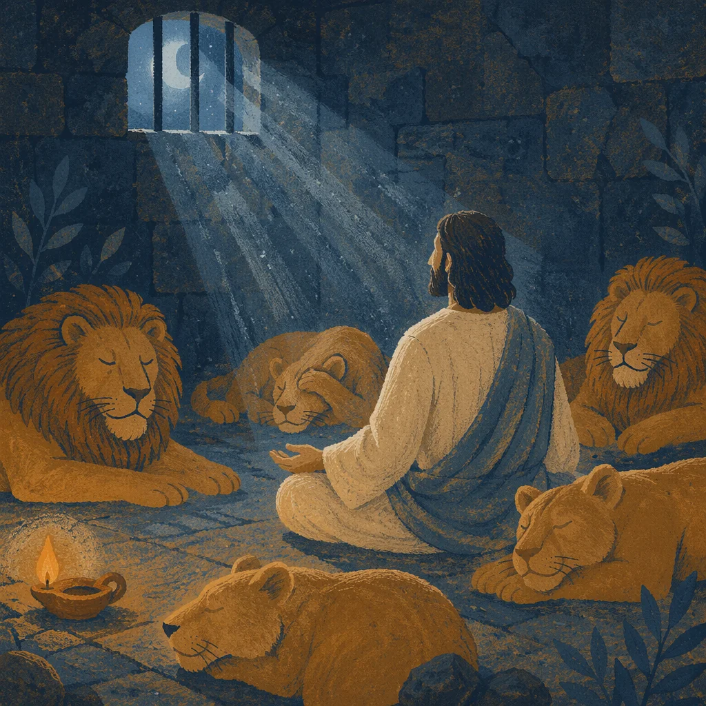 Peaceful Daniel in the Lions Den at Night