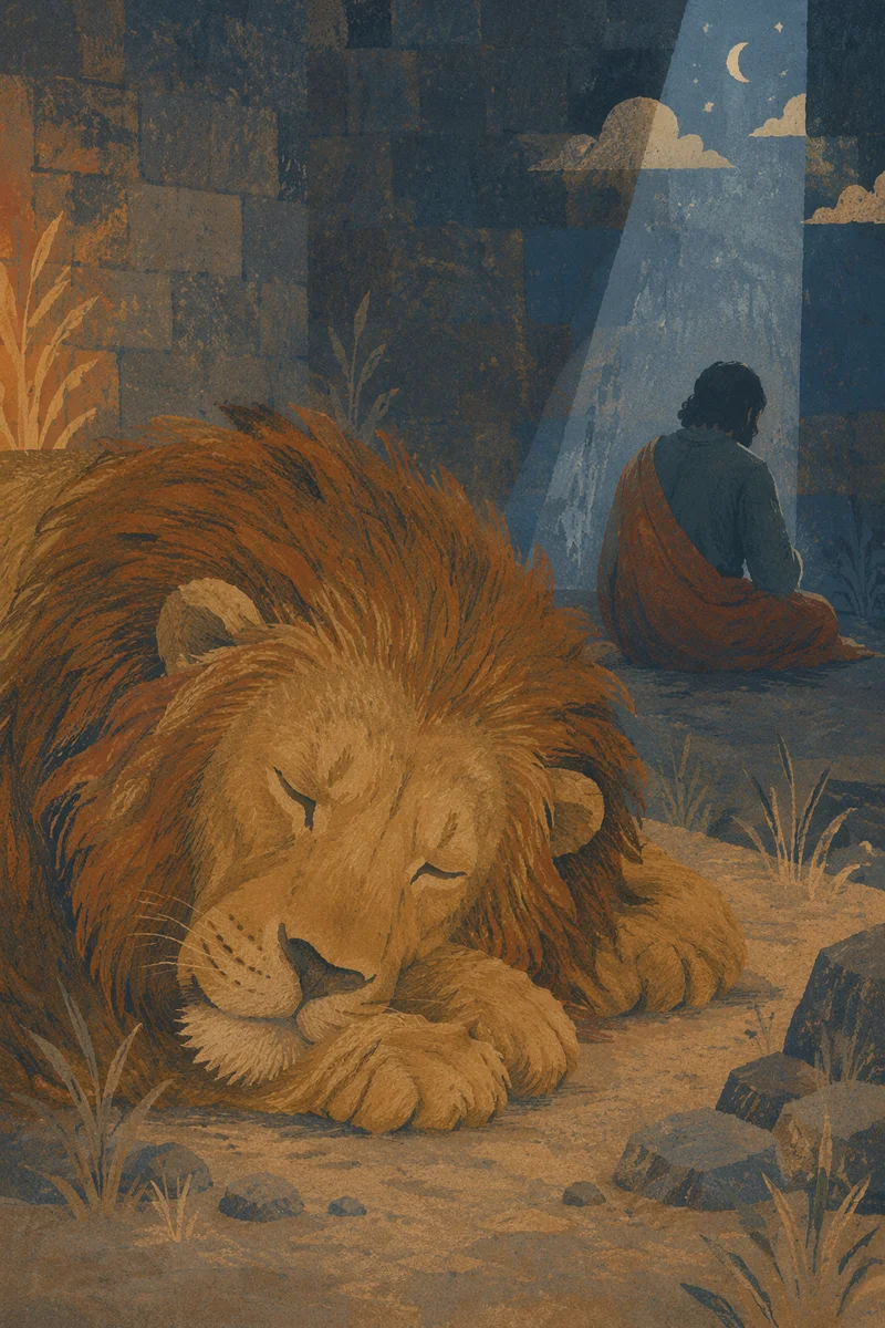 Peaceful Daniel in the Lions Den at Night