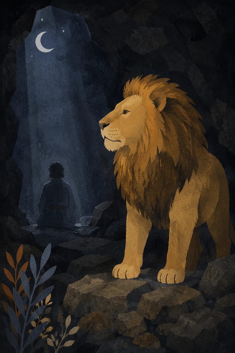 Peaceful Daniel in the Lions Den at Night