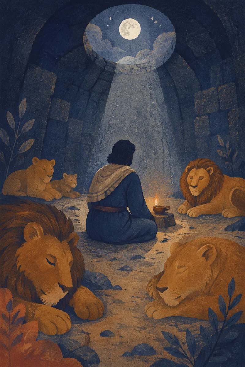 Daniel Praying Peacefully Among Resting Lions