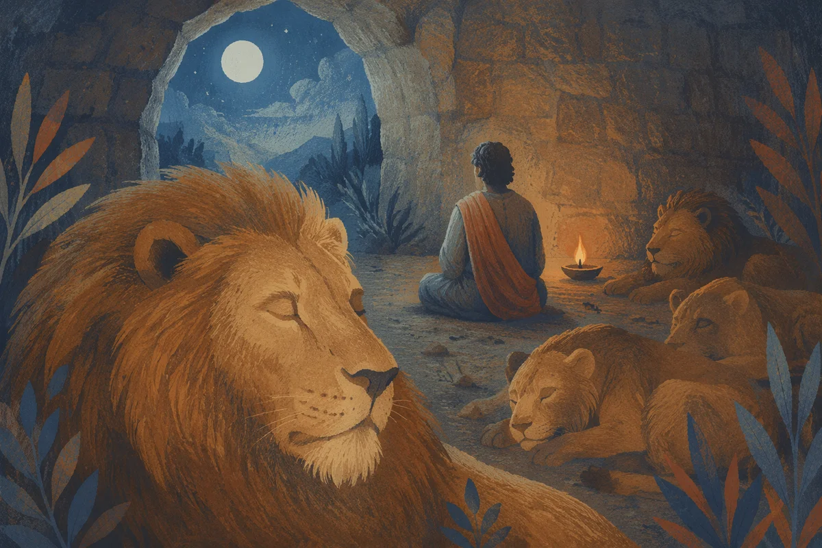 Daniel Praying Peacefully Among Lions at Night