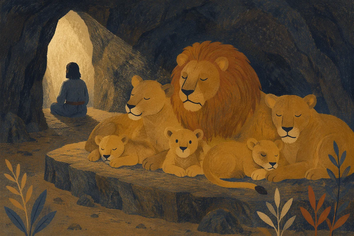 Peaceful Daniel in Lions Den at Night